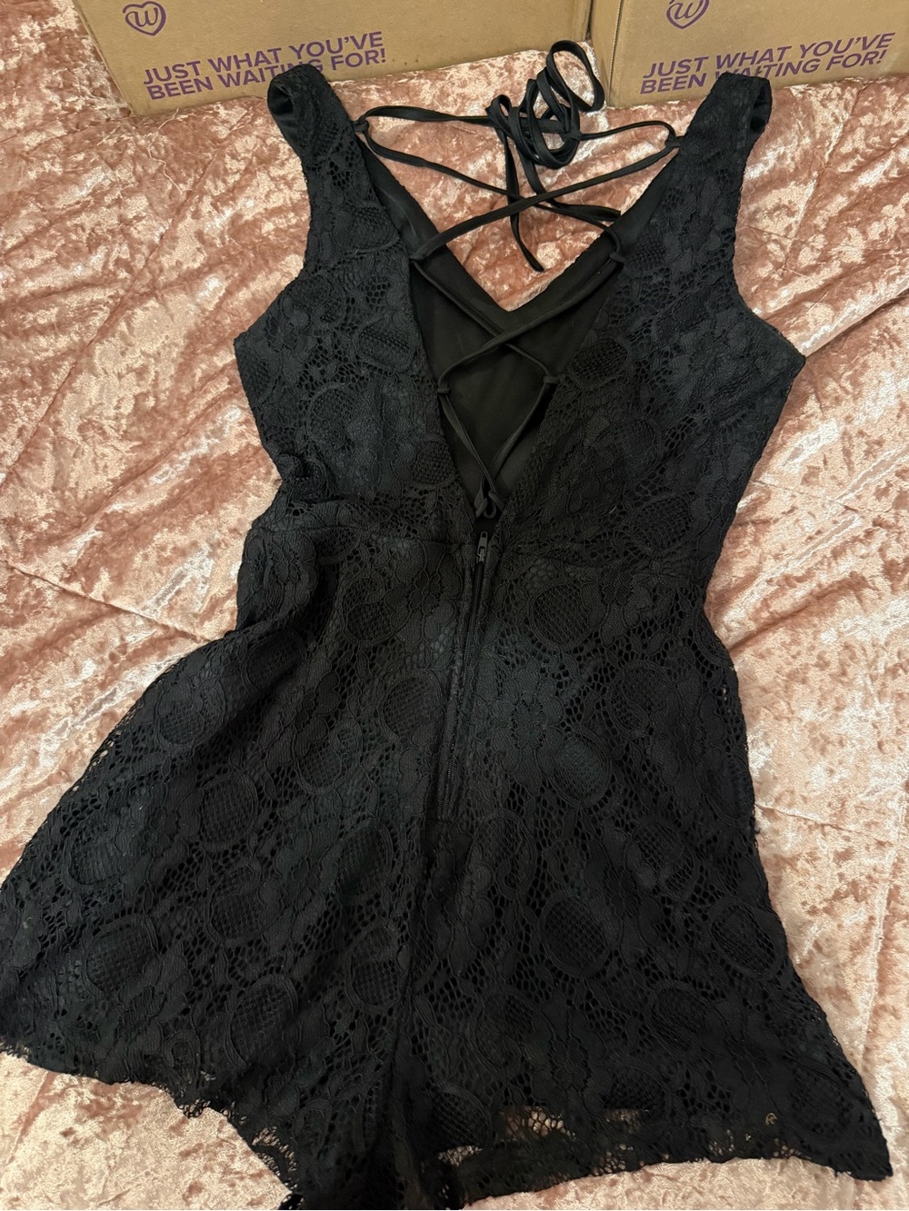 Charlotte Russe Black Lace Romper with Crisscross Back